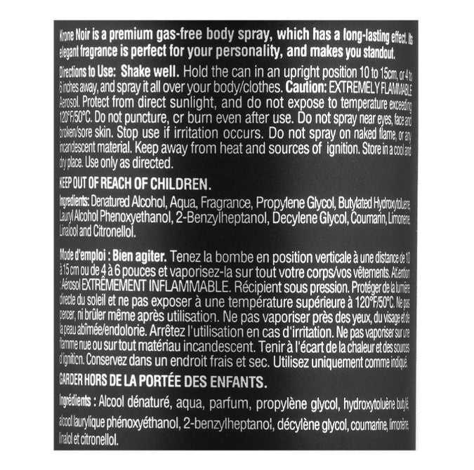 Krone Noir now Gas free Perfumed Body Spray, For Men, 150ml